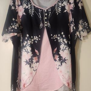 Floral Print Women's Top - Black and Pink